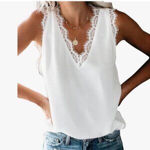 White Tank Tops V Neck Sleeveless Lace- small